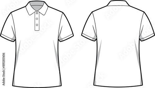 White polo shirt front and back view short sleeve shirt collar buttons front view