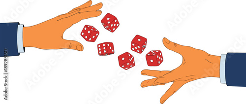 Hands in business suits throwing red dice in the air representing risk management, gambling, strategy, and financial uncertainty