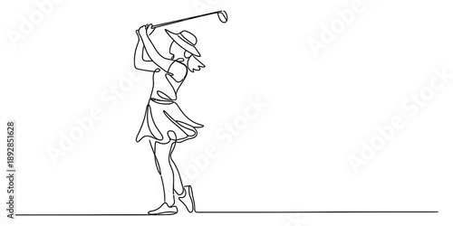 A continuous line drawing of a woman playing golf in a skirt and hat Vector, illustration