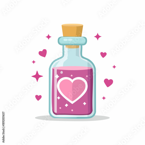 A cute cartoon illustration of a pink love potion bottle with a heart and sparkles, symbolizing romance and magic.