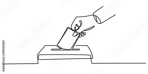 Continuous line drawing of a person's hand casting a vote in a ballot box Vector, illustration