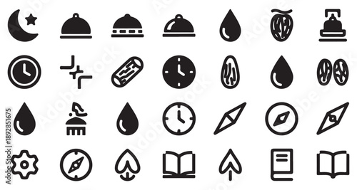 Islamic UI icon set with mosque compass quran and date fruit vector