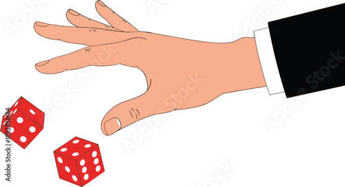 Hand in professional business suit throwing two red dice in the air symbolizing risk, strategy, decision, and gambling
