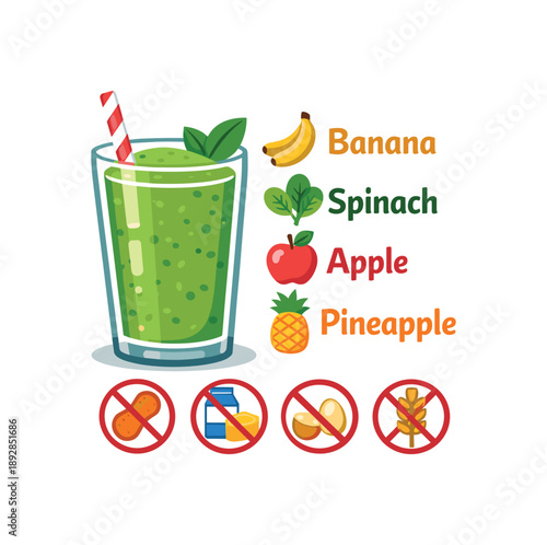 colored flat icon vector illustration isolated on white background smoothie glass with list of fruits on side and tiny allergen crossed label