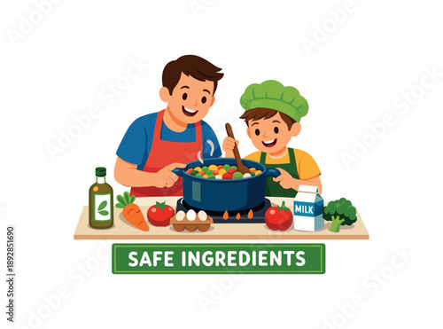 colored flat icon vector illustration isolated on white background family cooking parent and child stirring pot of veggie stew clear labeled safe ingredients