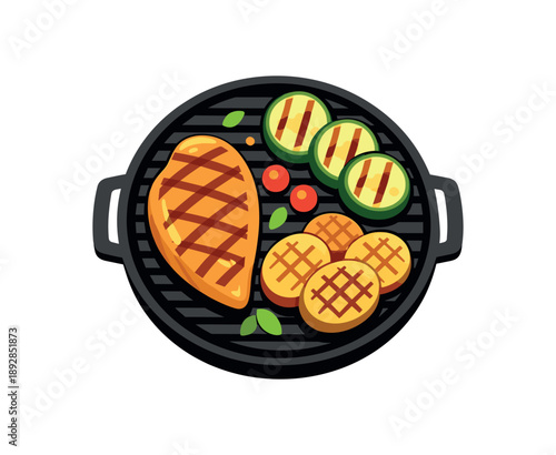 colored flat icon vector illustration isolated on white background grill plate with chicken breast zucchini slices and potato rounds simple safe barbecue