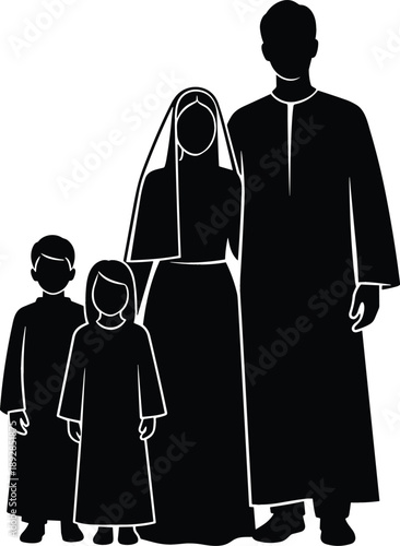 Muslim family silhouette standing together wearing traditional Islamic clothing with father mother and two children for religious and community concepts