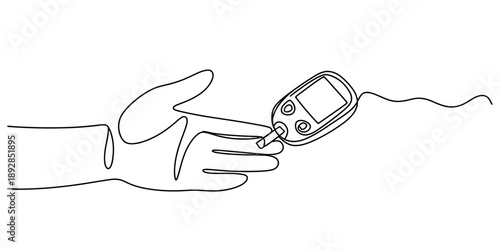 Minimalist continuous line drawing depicting a hand holding a blood glucose testing device Vector, illustration