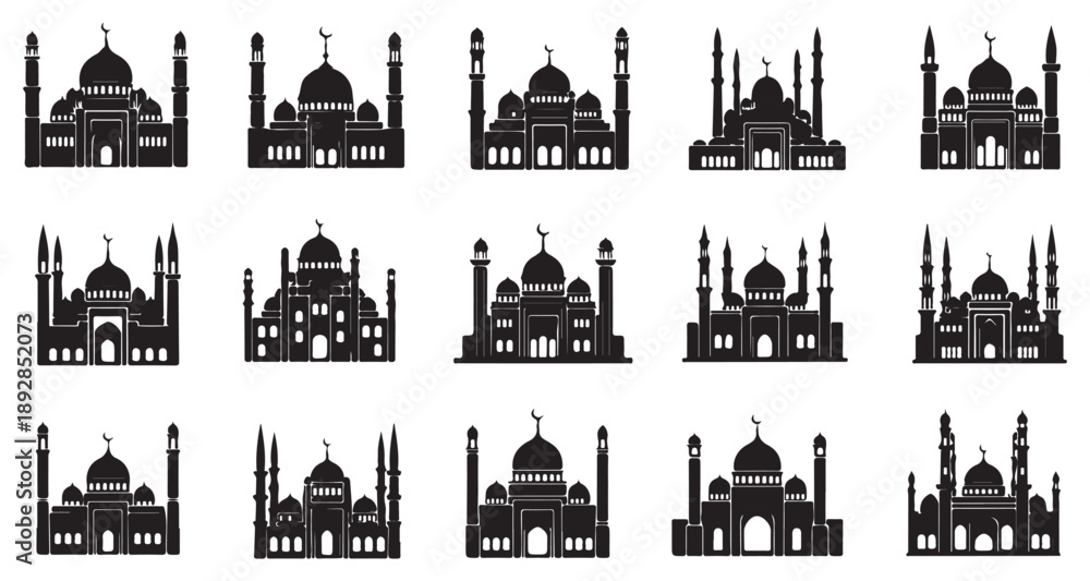 Fototapeta premium Mosque silhouette set with various islamic building architecture vector