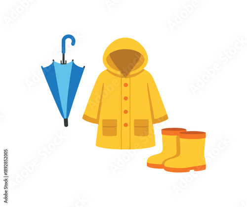 colored flat icon vector illustration isolated on white background raincoat and umbrella rainy day gear hook pictogram flat on white background clean shapes