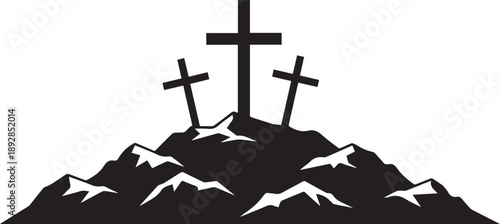 Three crosses silhouette vector illustration line art, hill and mountain landscape