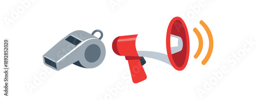 colored flat icon vector illustration isolated on white background whistle and megaphone outdoor assembly signal pictogram flat on white background clean shapes