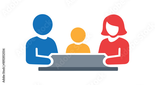 colored flat icon vector illustration isolated on white background family icon with two adults and child parent meeting room pictogram flat on white background clean shapes