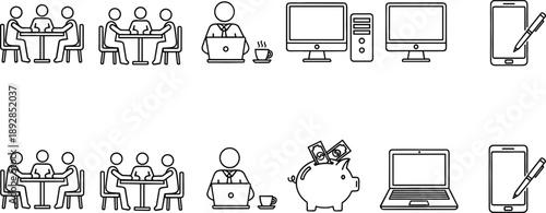 Business and finance icon set featuring remote work laptop meeting group piggy bank computer and mobile devices for corporate presentation and web design