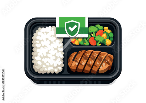 colored flat icon vector illustration isolated on white background ready meal box icon clear window showing simple rice veg protein safe combo