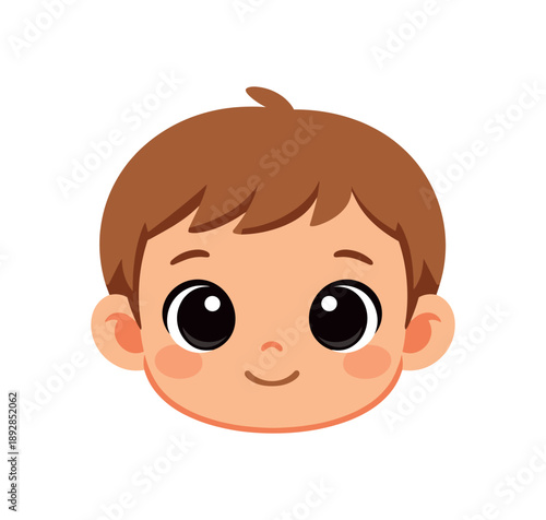 full color icon child face front view with big eyes small nose and soft cheeks simple kids head anatomy clean shapes. colored flat icon vector illustration isolated on white background