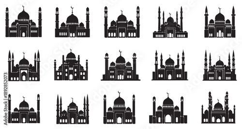 Mosque silhouette set with various islamic building architecture vector