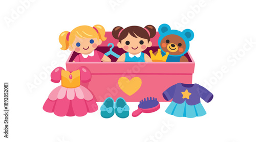 colored flat icon vector illustration isolated on white background box with dolls and clothes doll play corner pictogram flat on white background clean shapes