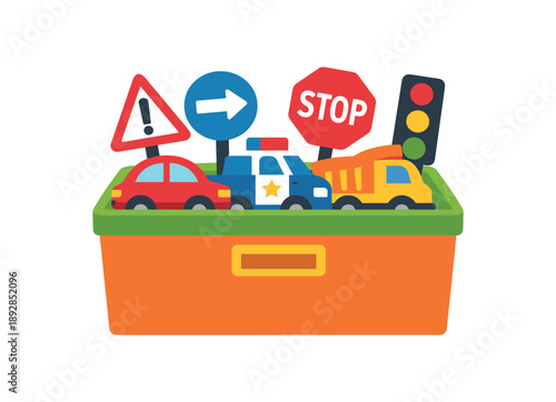 colored flat icon vector illustration isolated on white background box with cars and road sign vehicle toys storage pictogram flat on white background clean shapes