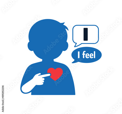colored flat icon vector illustration isolated on white background child silhouette with finger pointing to chest and heart I statement talk rule pictogram flat on white background clean