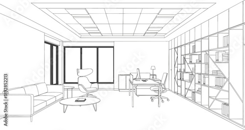 Modern Office Interior Room Sketch Vector Illustration Featuring Minimalist Furniture Desk Bookshelf Sofa Large Windows and Professional Workspace Design