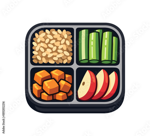 colored flat icon vector illustration isolated on white background bento box with four compartments brown rice cucumber sticks roasted pumpkin cubes and slices safe combo