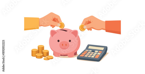 stock vector illustration Hands placing coins pink piggy bank with calculator on table flat color fills clean shapes no outline no stroke few solid colors (4 7 color palette) medium