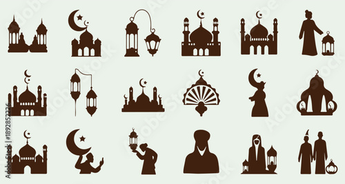 Ramadan icons 20 dark blue mosque lantern crescent silhouette pack