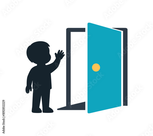 colored flat icon vector illustration isolated on white background child silhouette waving and door icon arrival and goodbye corner pictogram flat on white background clean shapes