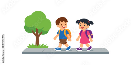 colored flat icon vector illustration isolated on white background two kids walking on sidewalk with backpack and tree simple school route safety flat on white background clean shapes