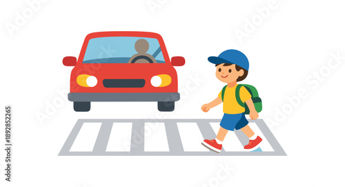 colored flat icon vector illustration isolated on white background stopped at pedestrian crossing and child crossing with school bag flat on white background clean shapes