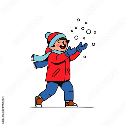 A cheerful cartoon child in a red winter coat and blue hat throws snowballs outdoors with a joyful expression on a white background.