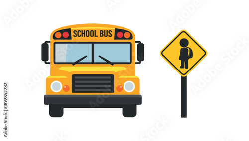 colored flat icon vector illustration isolated on white background school bus front view with child silhouette at bus stop sign flat on white background clean shapes