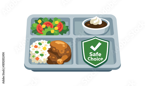 colored flat icon vector illustration isolated on white background cafeteria tray with clear partition one dish marked with shield symbol safe choice