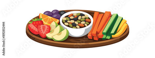 colored flat icon vector illustration isolated on white background snack trio board with fruit slices veggie sticks and small bowl of seed mix party safe option