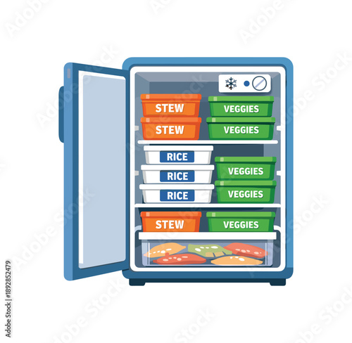 colored flat icon vector illustration isolated on white background freezer icon with labeled boxes stew rice veggies neatly stacked safe batch cooking
