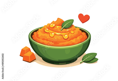 colored flat icon vector illustration isolated on white background bowl of mashed pumpkin with drizzle of safe oil and tiny heart soothing warm side