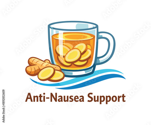 colored flat icon vector illustration isolated on white background glass mug of ginger tea with thin slices inside tiny wave icon anti nausea support