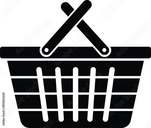Black shopping basket icon with handles in flat vector style for retail commerce grocery store market and cad drawing flat illustration.