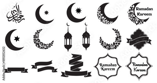 Ramadan Kareem greeting set with floral crescent lantern and ribbon vector