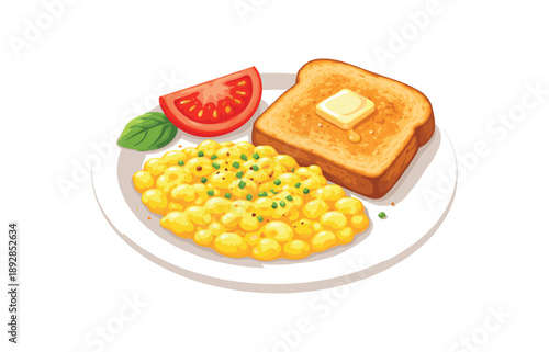 colored flat icon vector illustration isolated on white background plate with soft scrambled egg alternative plain toast and tomato wedge mild breakfast
