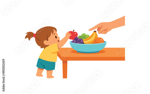 full color icon toddler reaching for fruit bowl on table parent hand guiding choice kids independent eating clean shapes. colored flat icon vector illustration isolated on white background