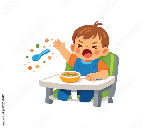 full color icon toddler throwing food from high chair little crumbs and spoon flying mealtime challenge clean shapes. colored flat icon vector illustration isolated on white background