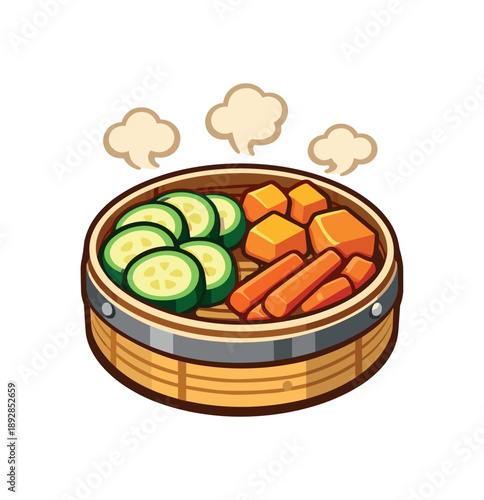 colored flat icon vector illustration isolated on white background steamer basket with soft steamed zucchini pumpkin and carrots easy fiber for gut