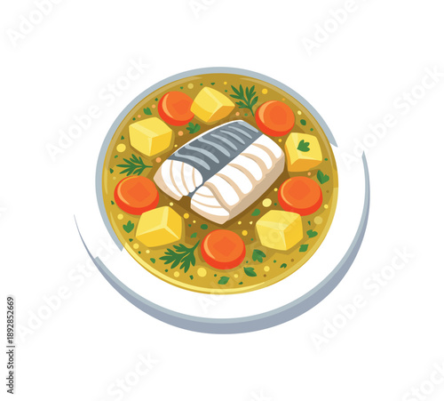 colored flat icon vector illustration isolated on white background plate with fish soup clear broth potatoes carrots no cream gentle first course