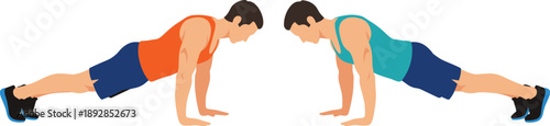 Two men performing pushups in gym wear vector illustration for fitness training workout routine healthy lifestyle and exercise concept