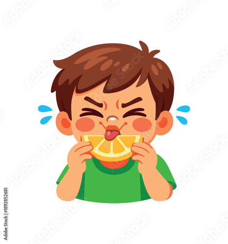 full color icon kid tasting lemon slice funny sour face children food reaction clean shapes. colored flat icon vector illustration isolated on white background