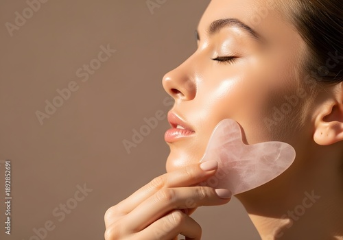 Side View of Young Woman Using Pink Quartz Gua Sha Stone for Facial Massage and Skin Care Wellness
