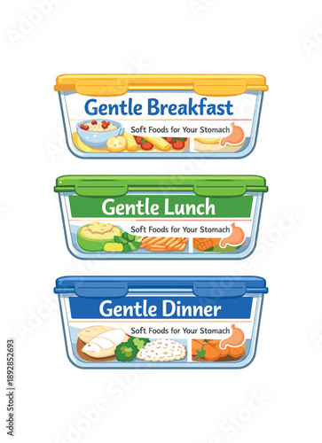 colored flat icon vector illustration isolated on white background meal prep containers labeled gentle for breakfast lunch dinner soft foods for stomach