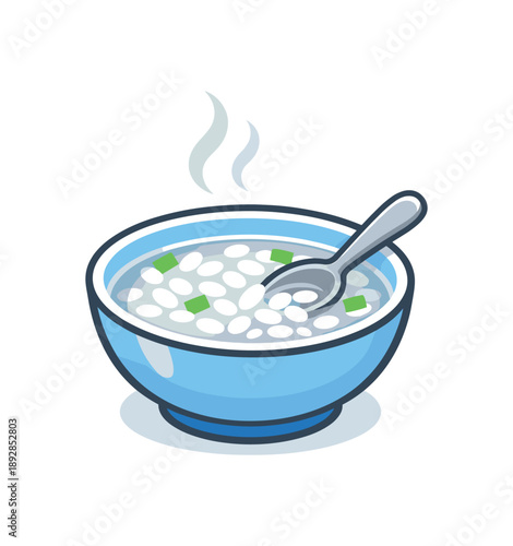 colored flat icon vector illustration isolated on white background small bowl of clear rice soup with tiny spoon and soft steam gentle first food for upset stomach